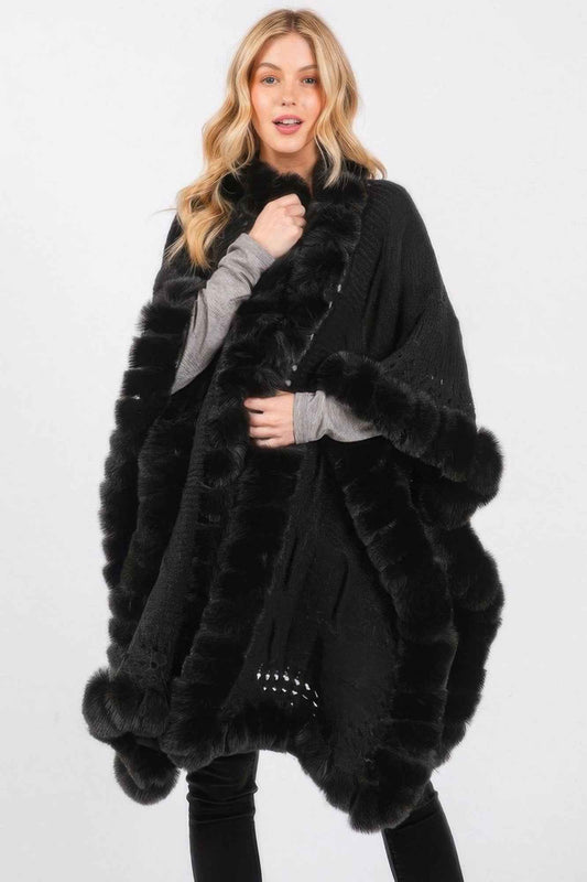 Faux Fur Collar And Trim Cape With Closure - Pikemla