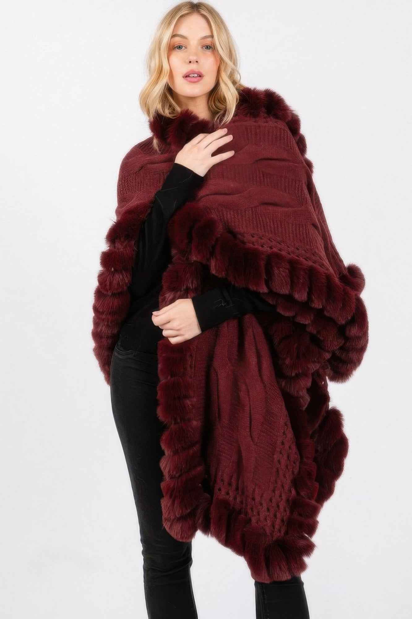 Faux Fur Collar And Trim Cape With Closure - Pikemla
