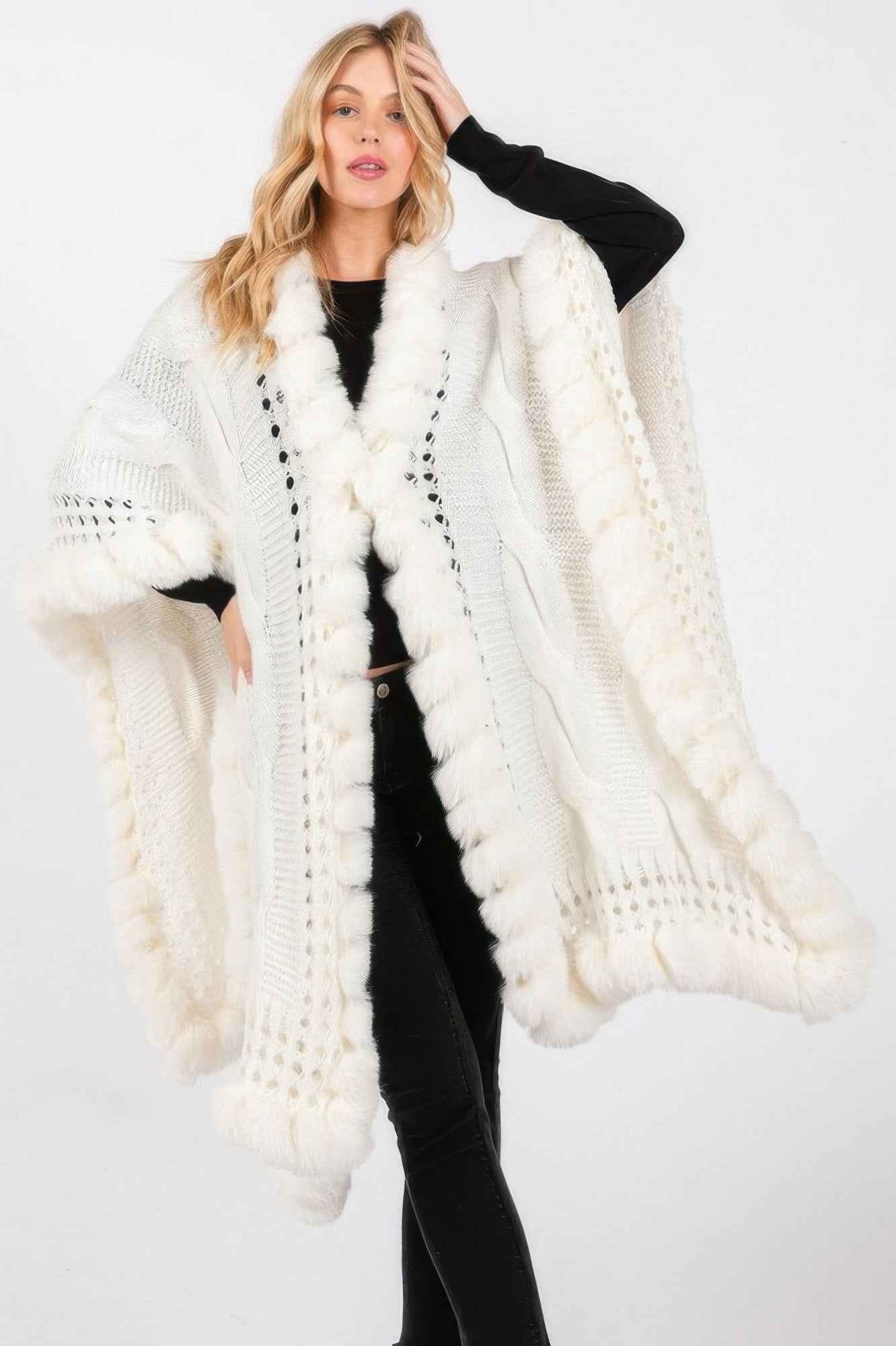 Faux Fur Collar And Trim Cape With Closure - Pikemla