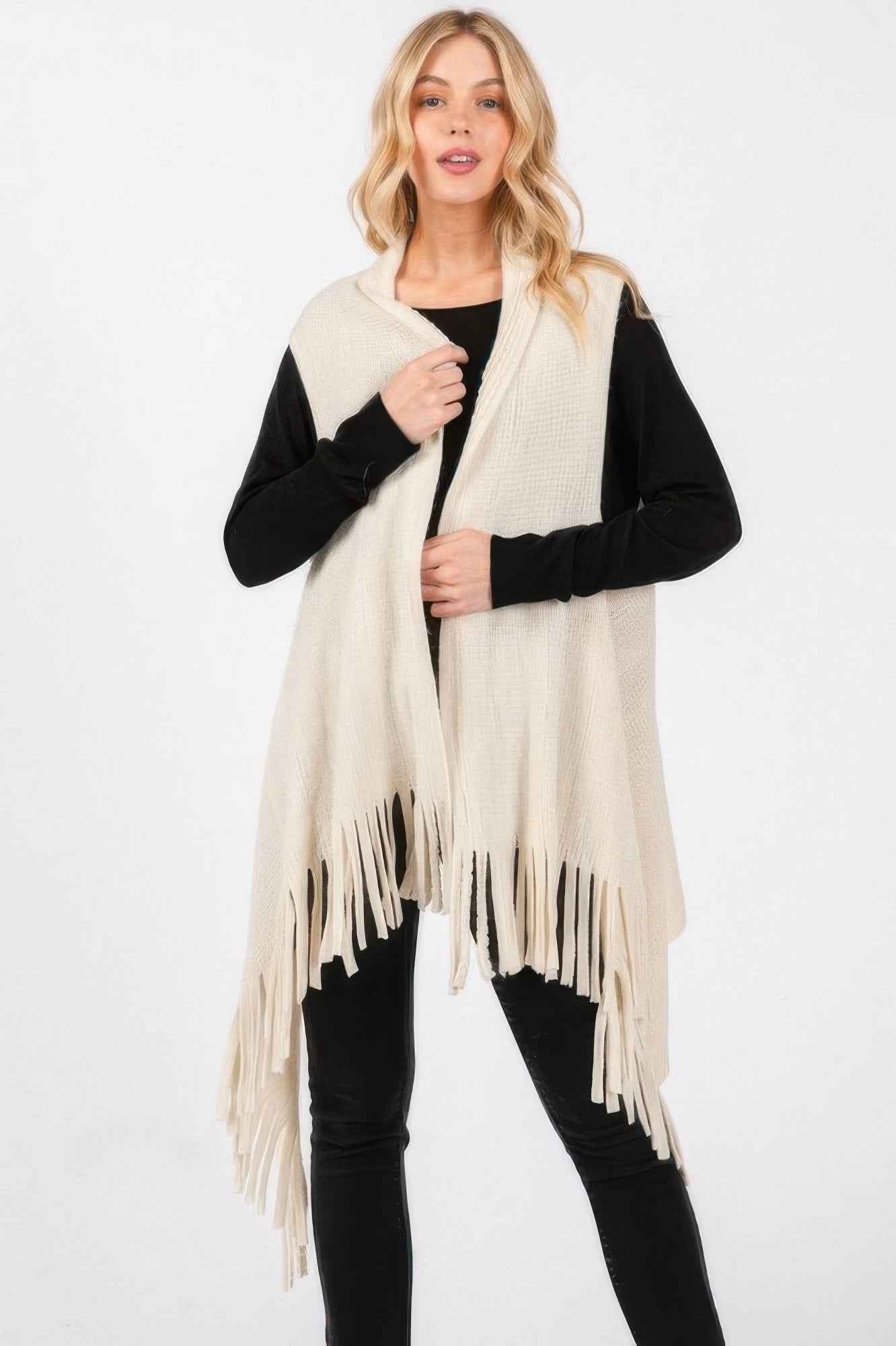 Embossed Dotted Line Tassel Knit Vest - Pikemla