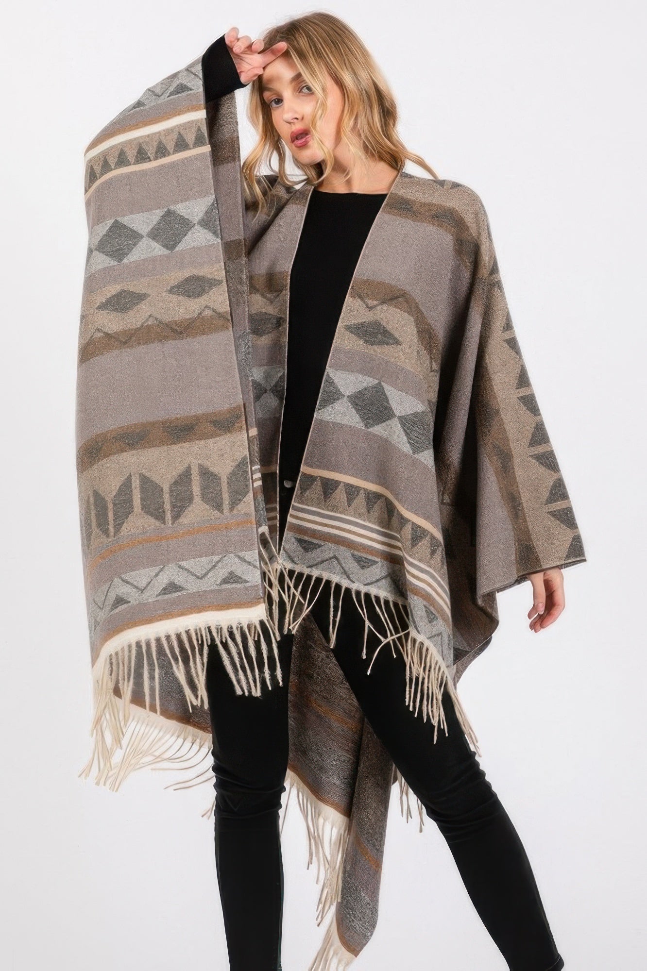 Aztec Pattern Fringe Ruana - Pikemla