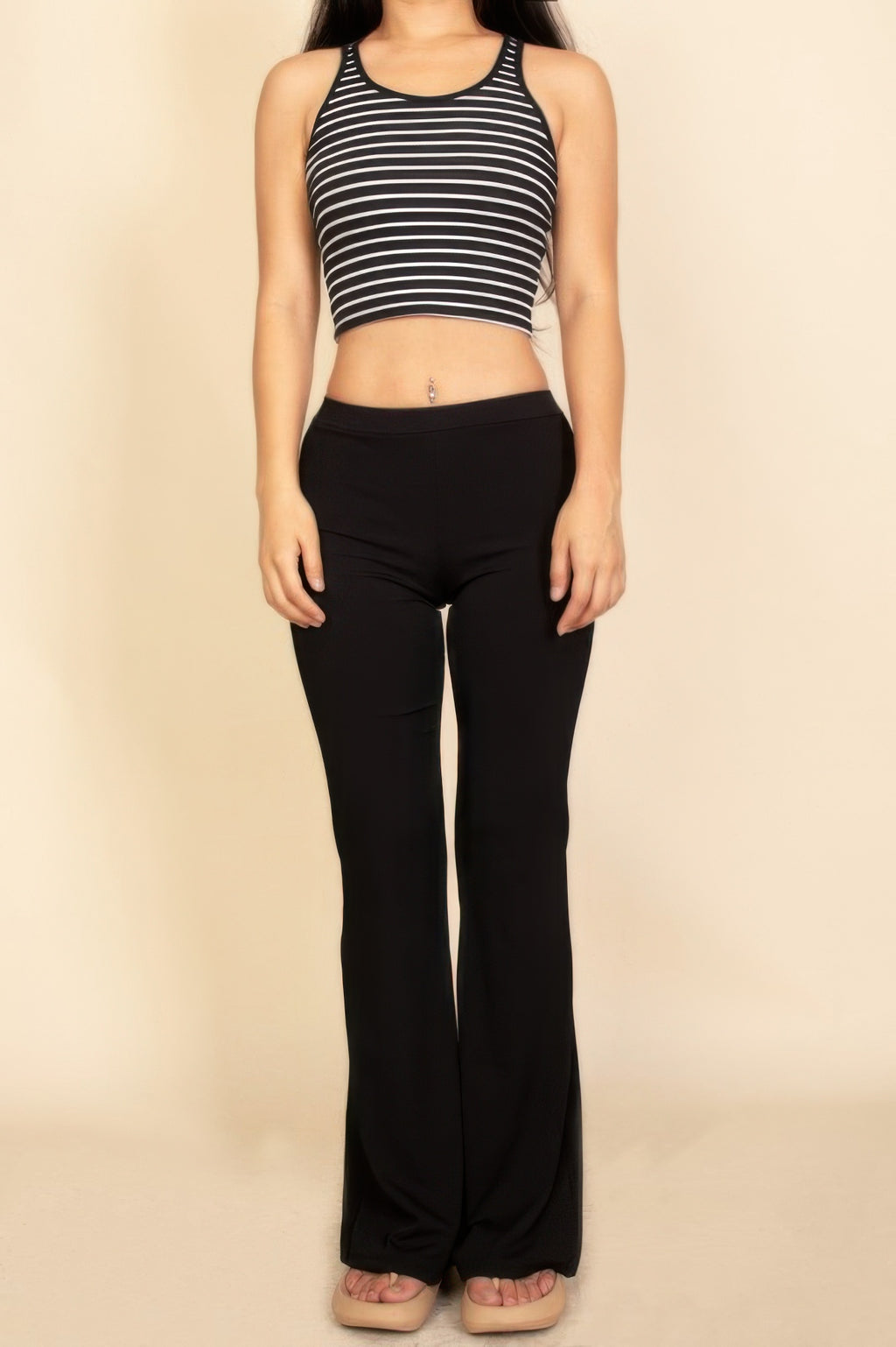 Ribbed Striped Racerback Crop Tank Top - Pikemla