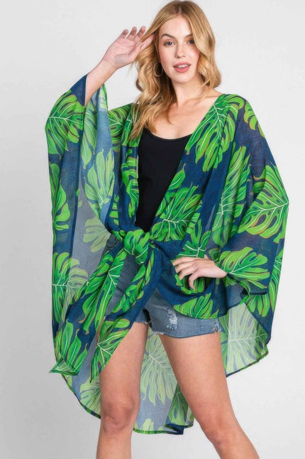 Tropical Leaves Print Shawl Cover-up