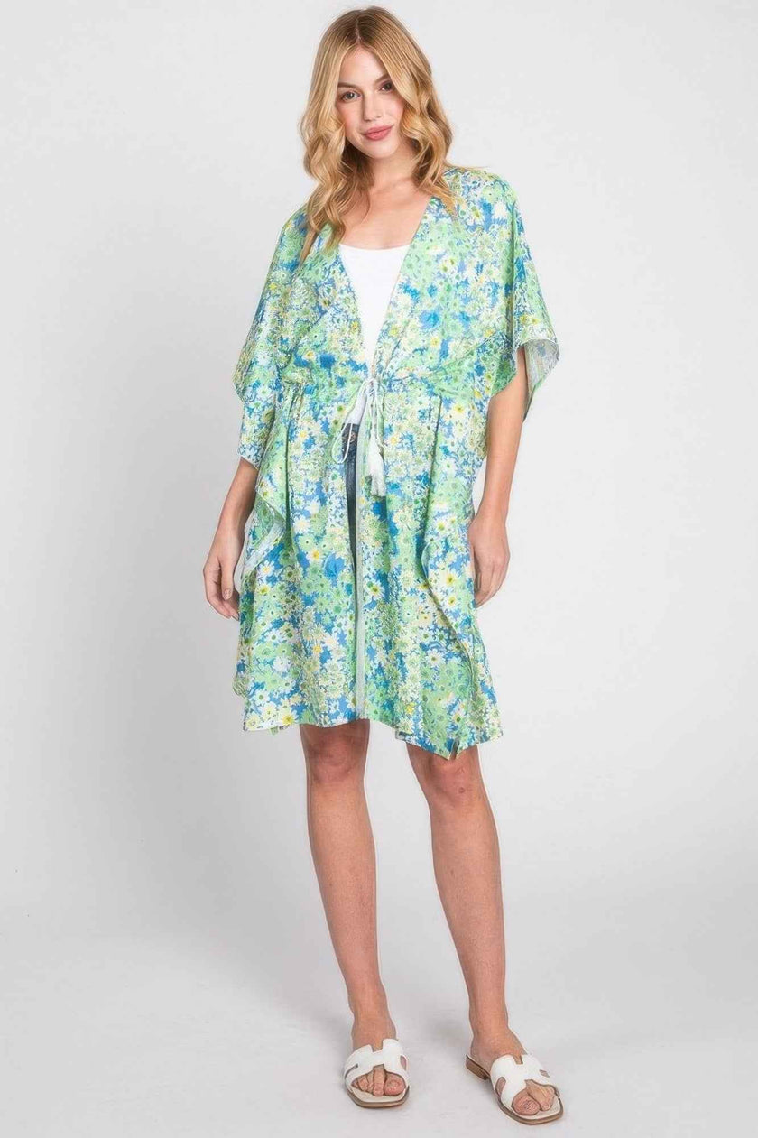 Flower Print Self-tie Drawstring Open Front Cover