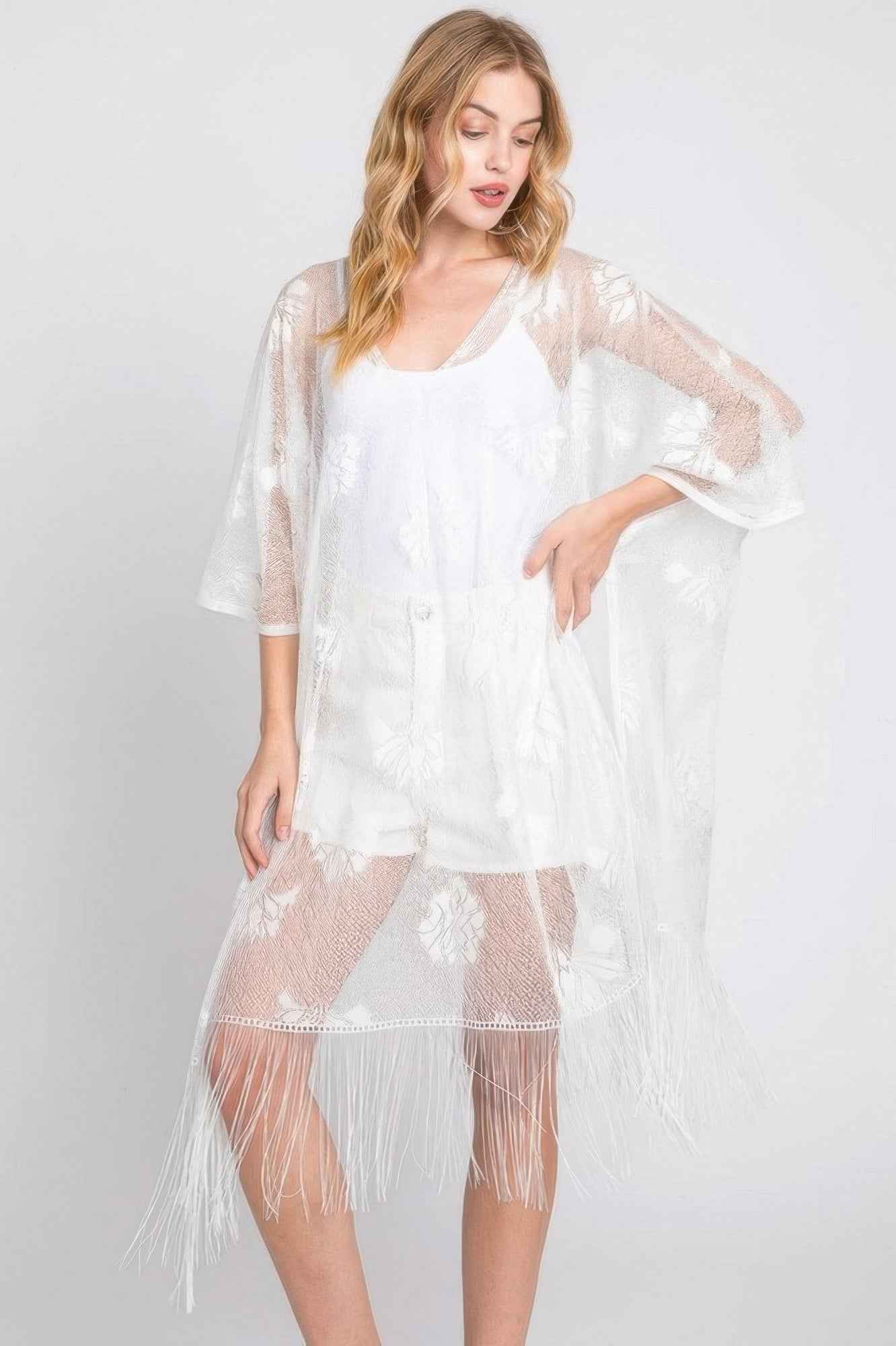 Floral Lace Poncho With Tassel