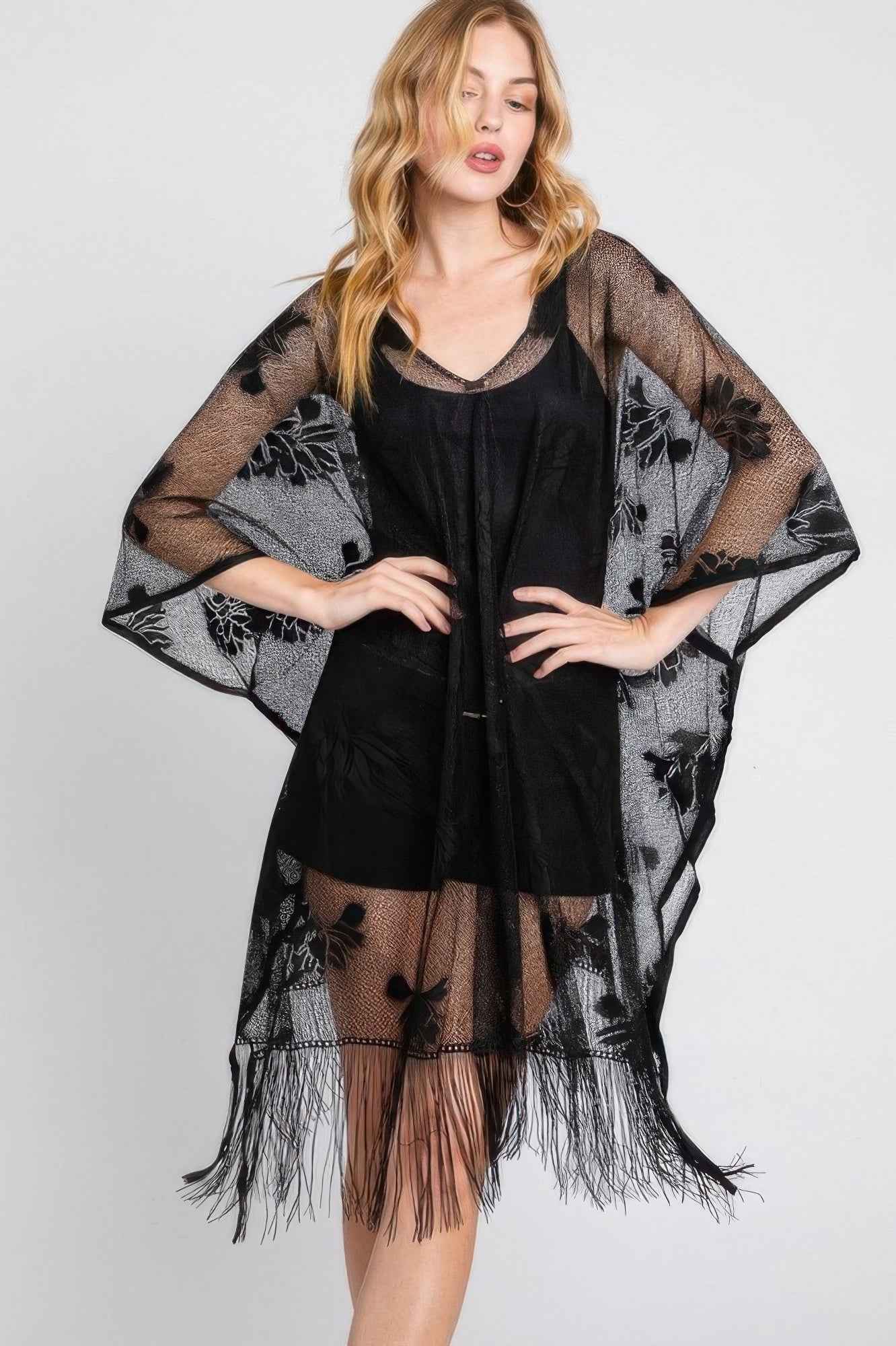 Floral Lace Poncho With Tassel