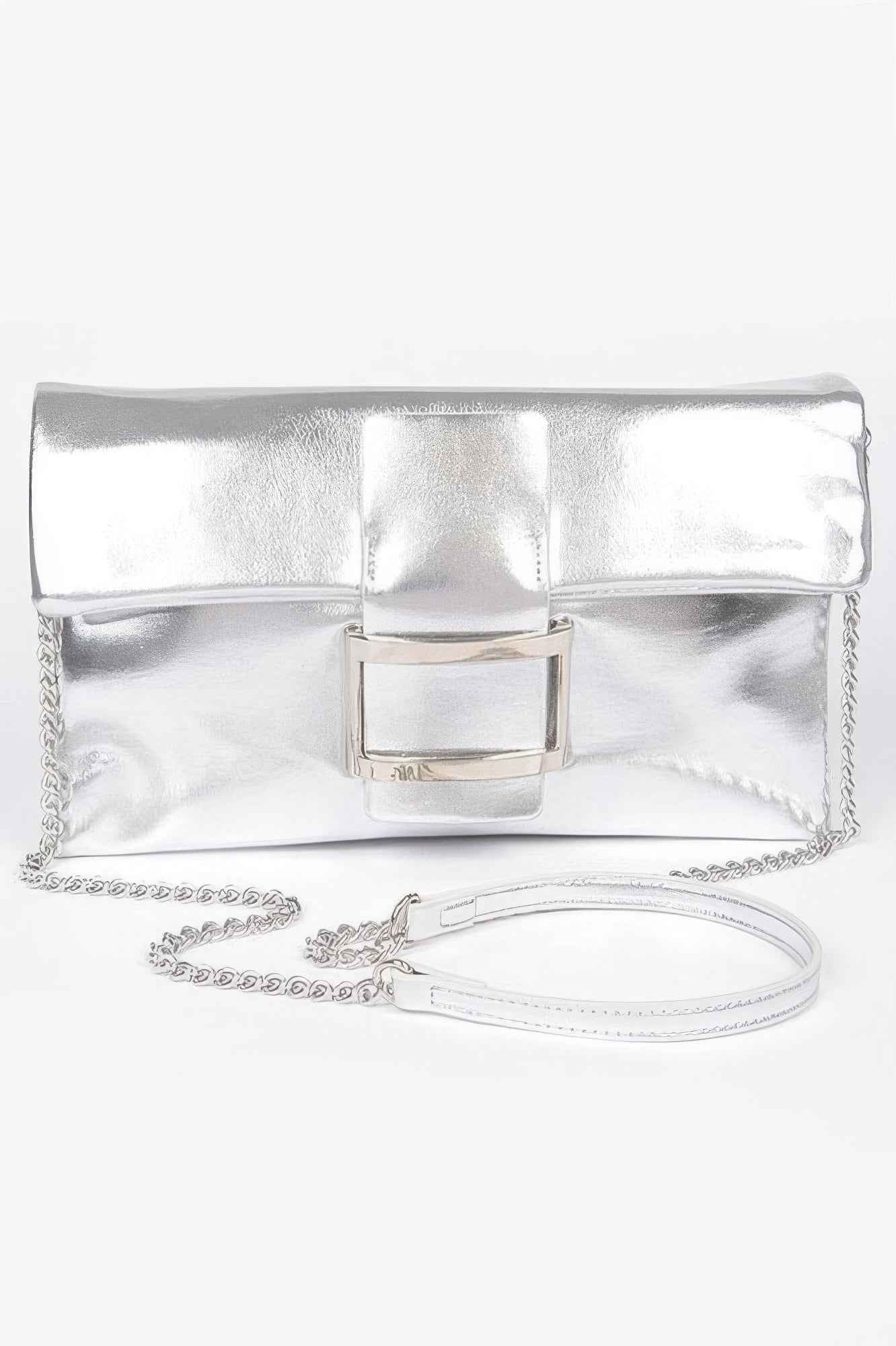 Metallic Faux Leather Metal Buckle Clutch