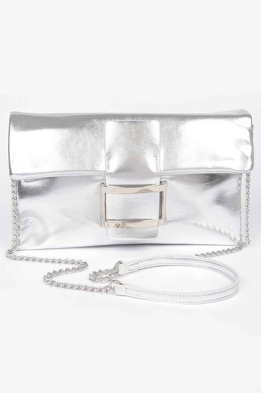 Metallic Faux Leather Metal Buckle Clutch