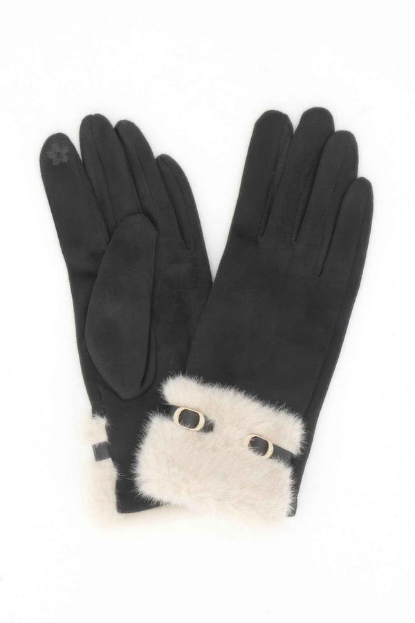Faux Suede Touchscreen Gloves With Faux Fur Cuff & Buckle