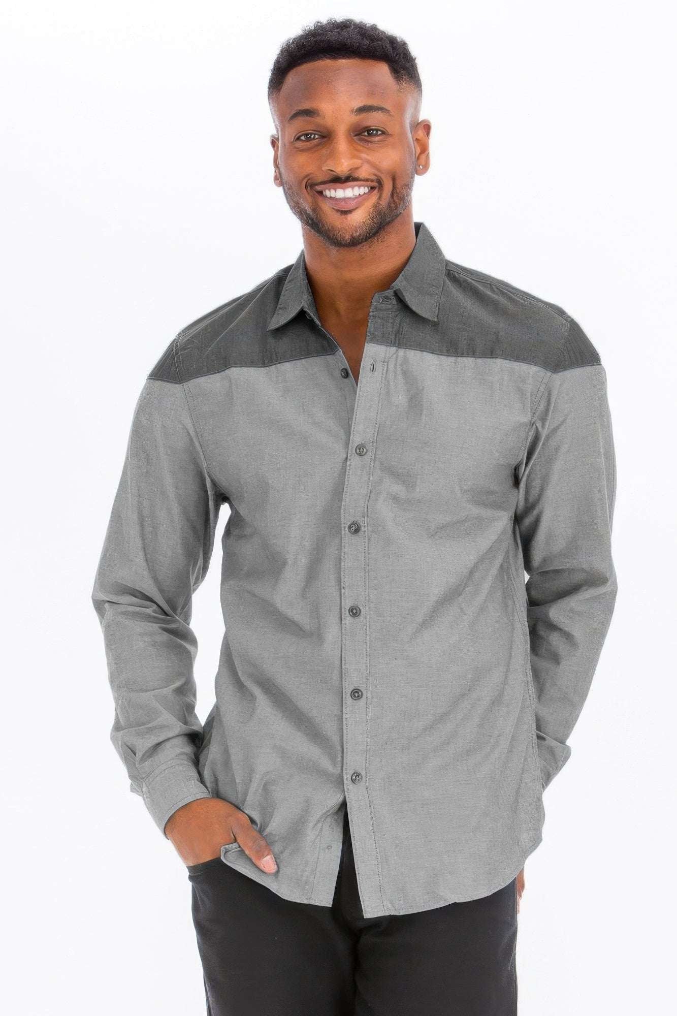 Two Tone Long Sleeve Button Down Shirt - Pikemla