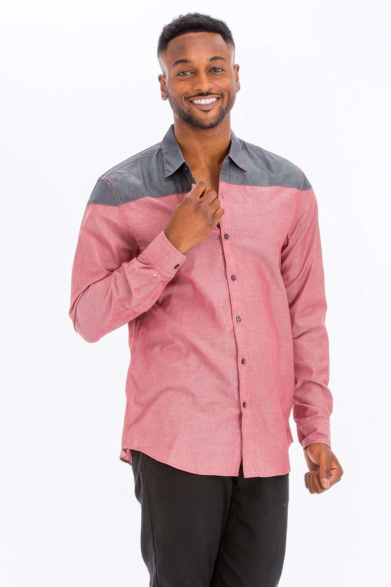 Two Tone Long Sleeve Button Down Shirt - Pikemla