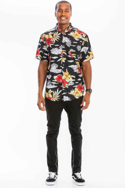 Mens Print Hawaiian Button Down Shirt