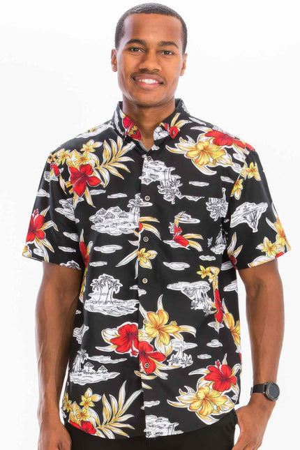 Mens Print Hawaiian Button Down Shirt