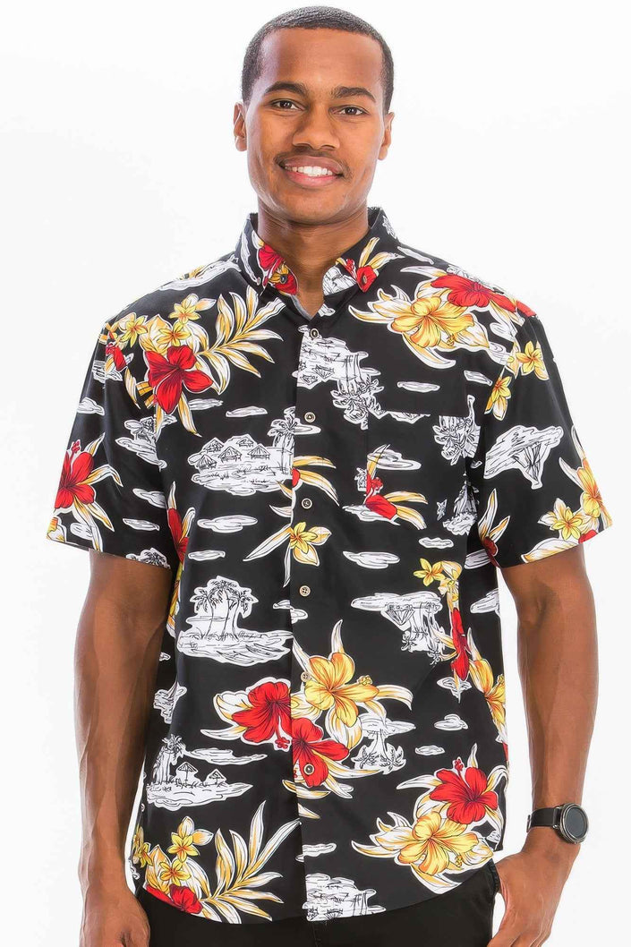 Mens Print Hawaiian Button Down Shirt