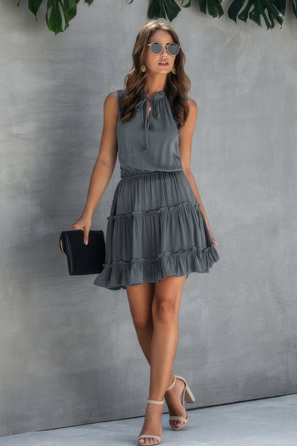 Sleeveless Tie Neck Frill Trim Tiered Layer Dress - Pikemla