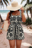 Plus Size Random Printed Belt Sleeveless Romper - Pikemla