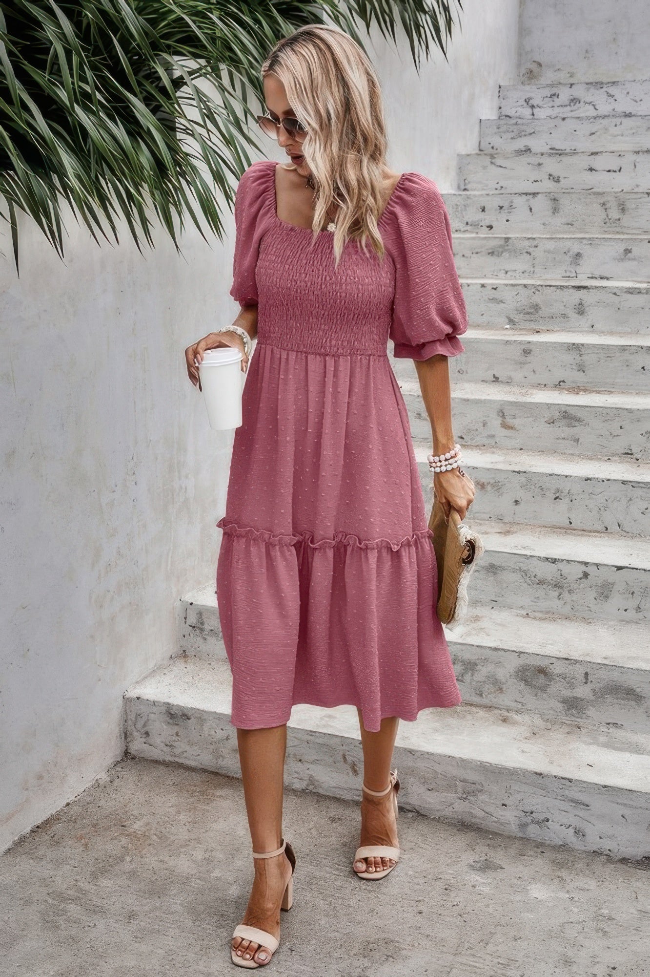 Square Neck Puff Sleeve Ruffle Hem Dress - Pikemla
