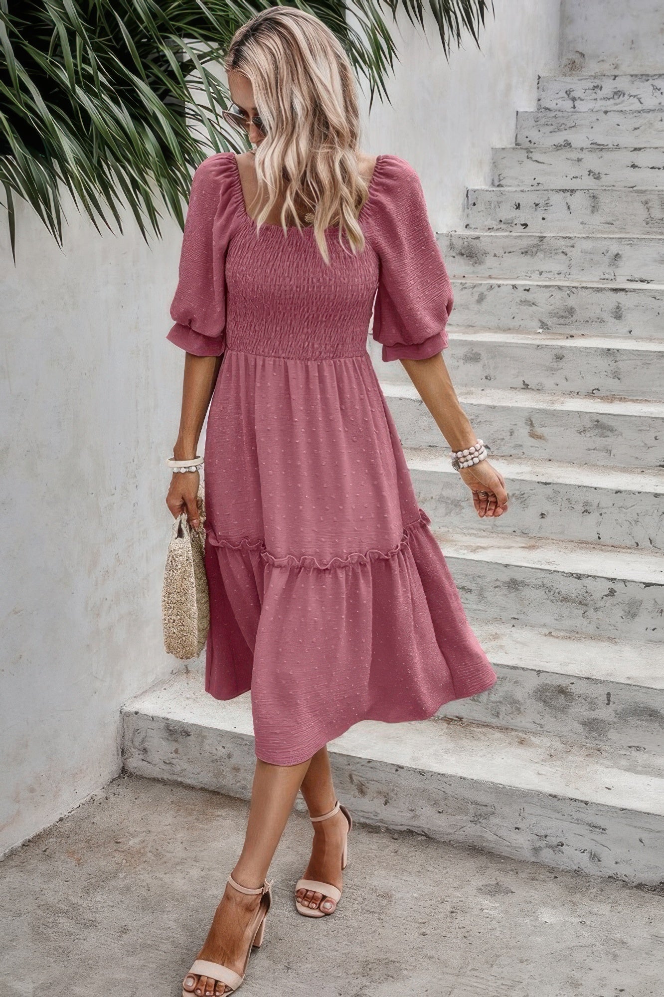 Square Neck Puff Sleeve Ruffle Hem Dress - Pikemla