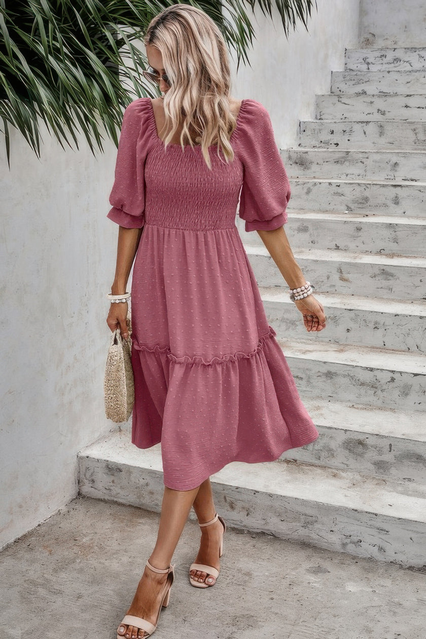 Square Neck Puff Sleeve Ruffle Hem Dress - Pikemla