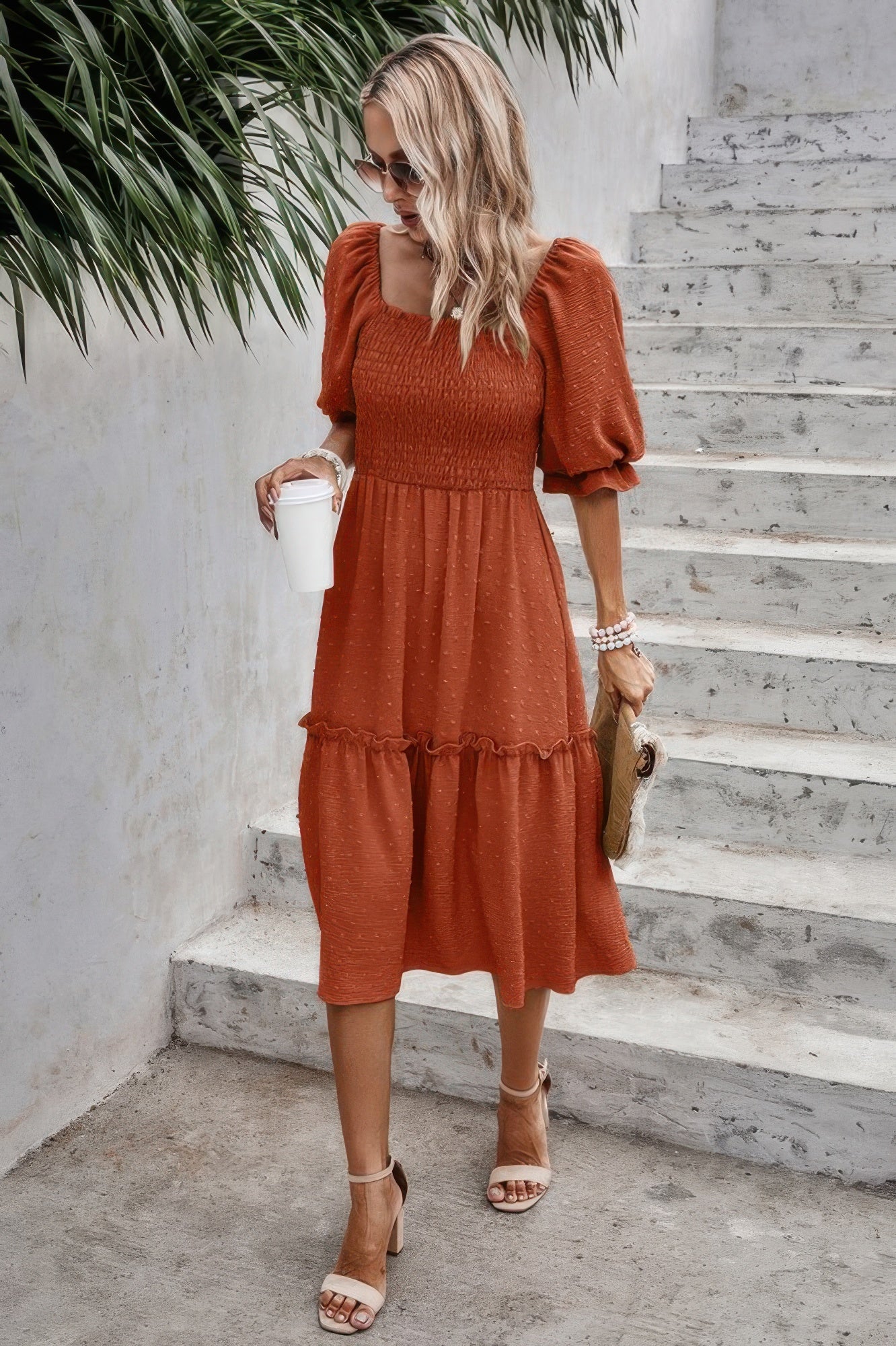 Square Neck Puff Sleeve Ruffle Hem Dress - Pikemla