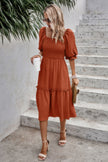 Square Neck Puff Sleeve Ruffle Hem Dress - Pikemla