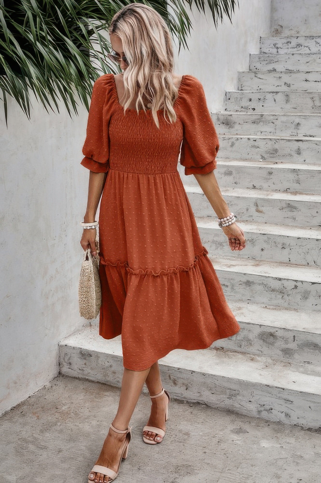 Square Neck Puff Sleeve Ruffle Hem Dress - Pikemla