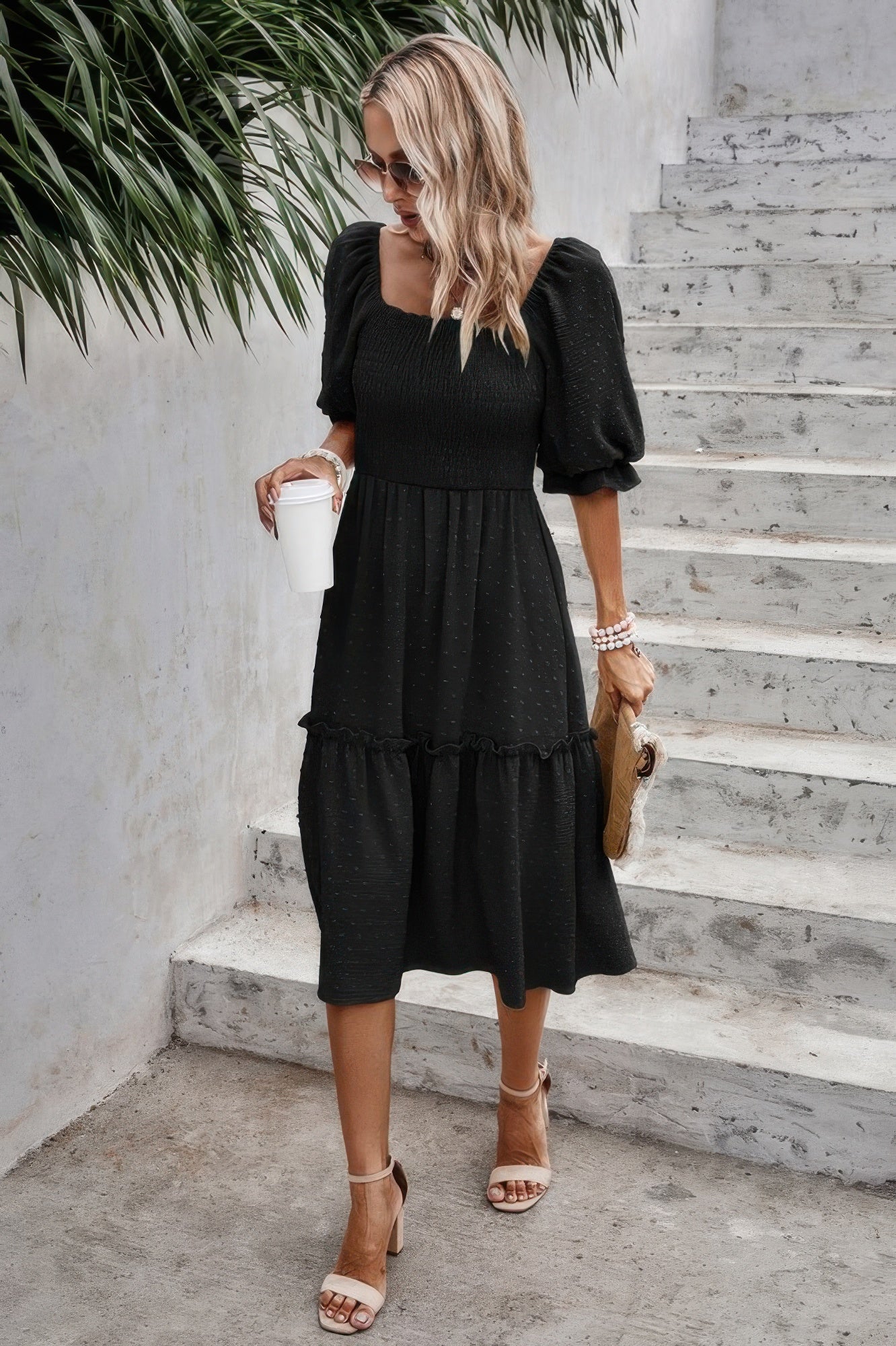Square Neck Puff Sleeve Ruffle Hem Dress - Pikemla