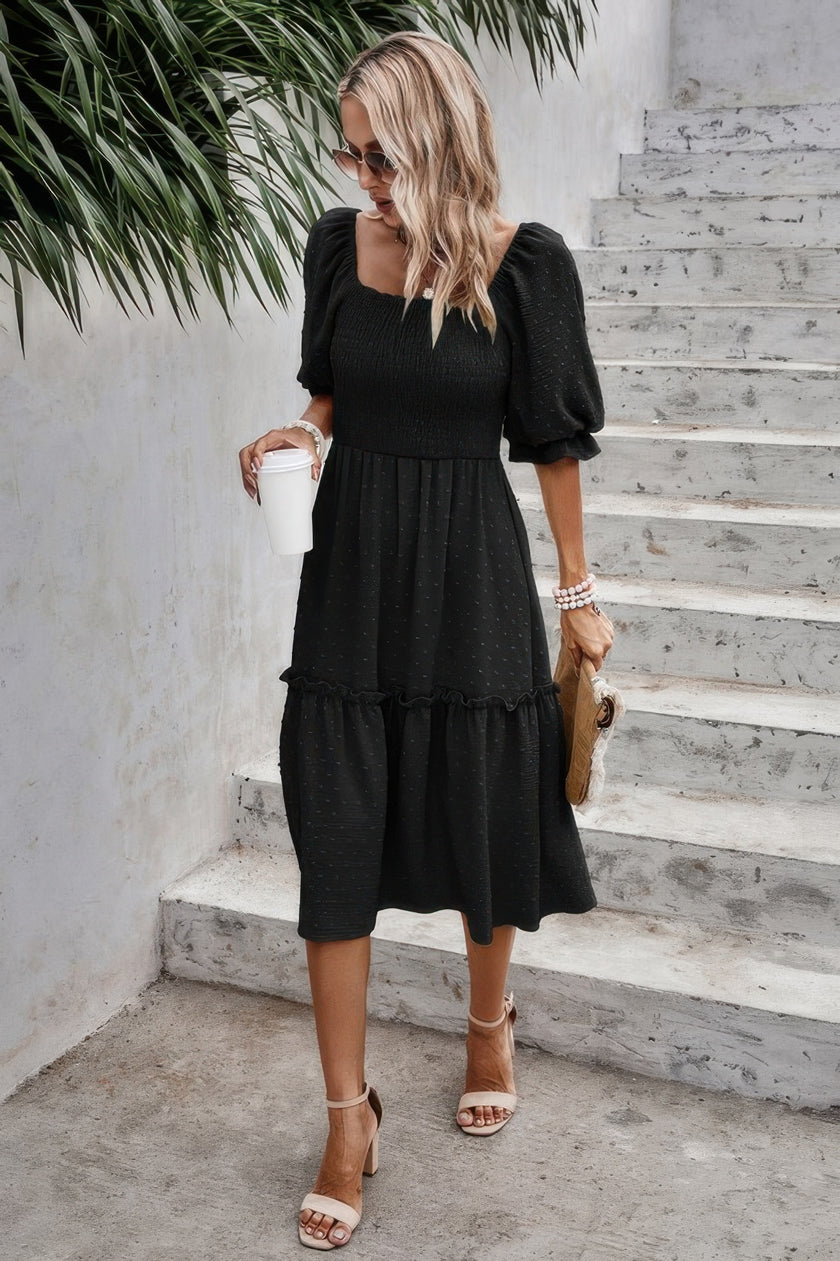 Square Neck Puff Sleeve Ruffle Hem Dress - Pikemla