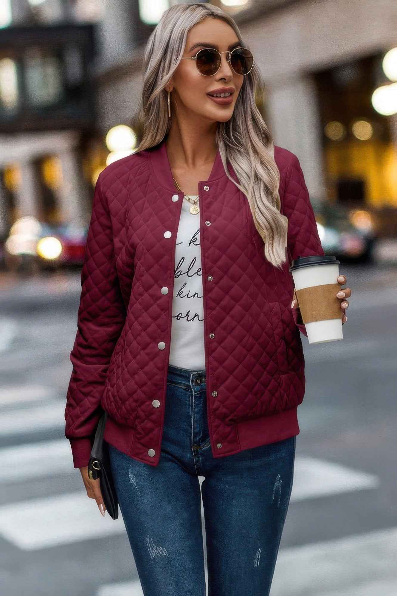 Solid Plaid Stitch Pockets Bomber Jacket - Pikemla