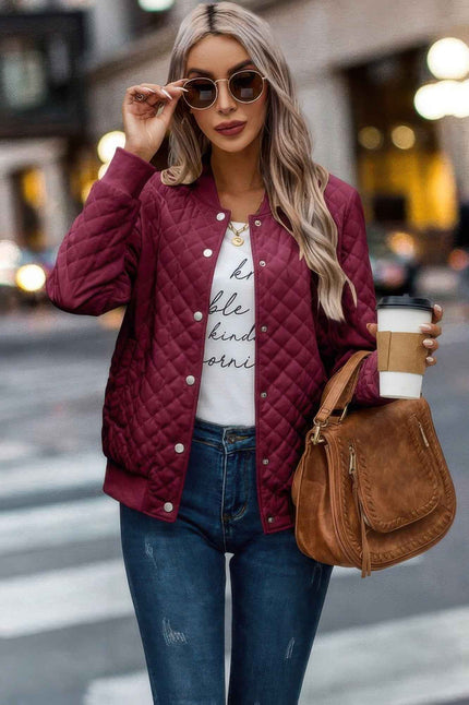Solid Plaid Stitch Pockets Bomber Jacket - Pikemla