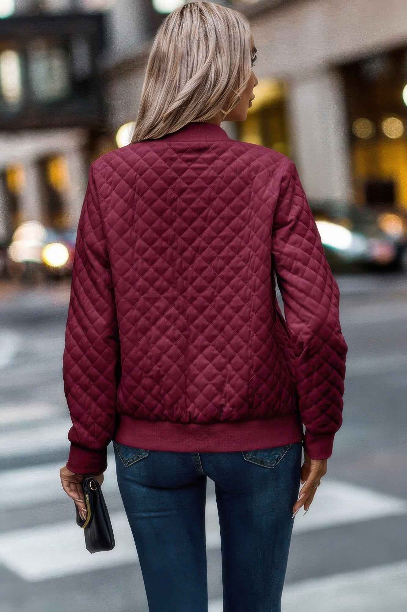 Solid Plaid Stitch Pockets Bomber Jacket - Pikemla