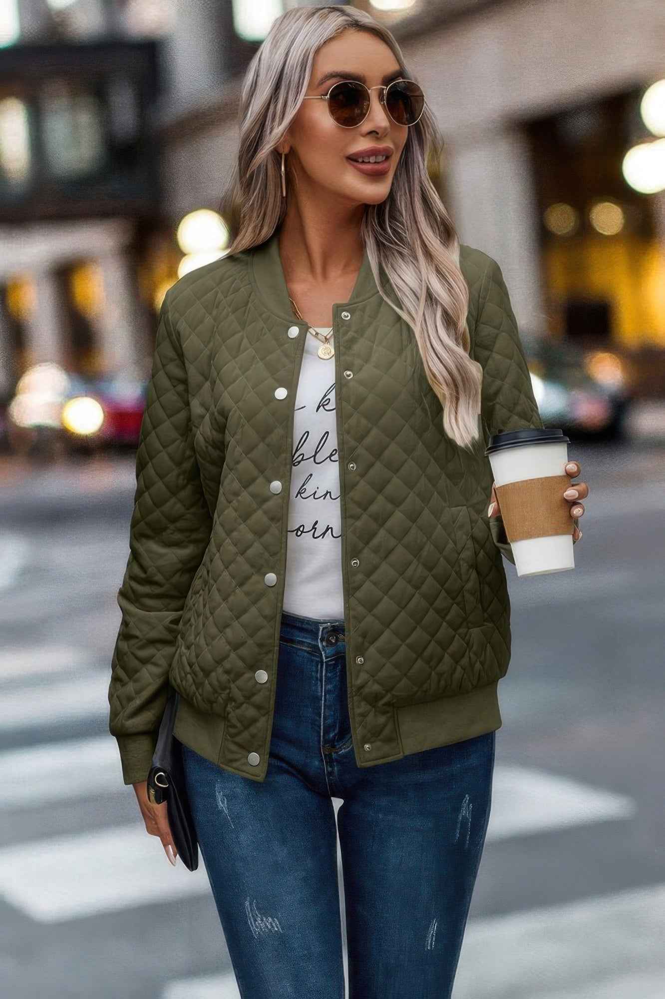 Solid Plaid Stitch Pockets Bomber Jacket - Pikemla