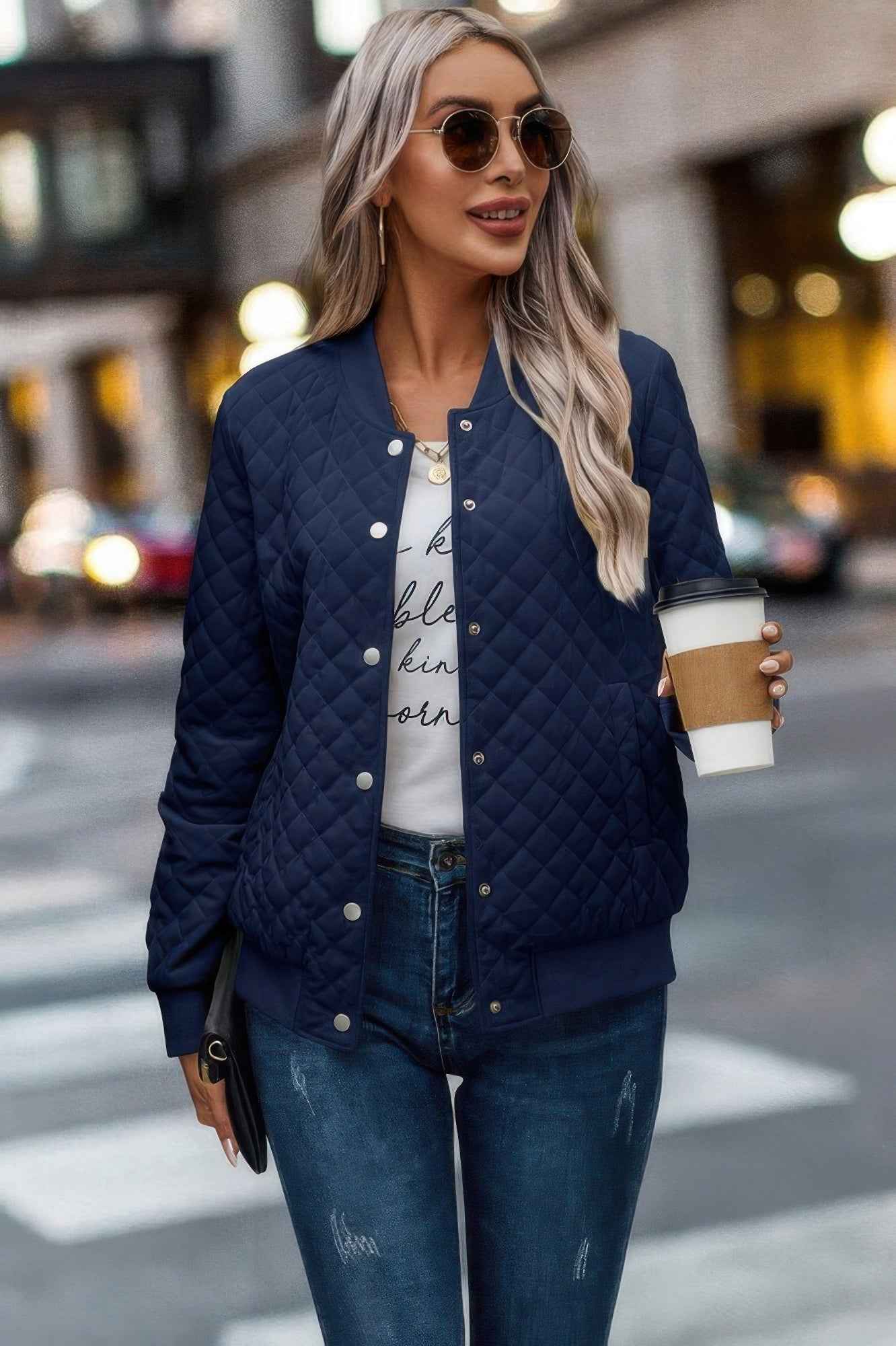 Solid Plaid Stitch Pockets Bomber Jacket - Pikemla