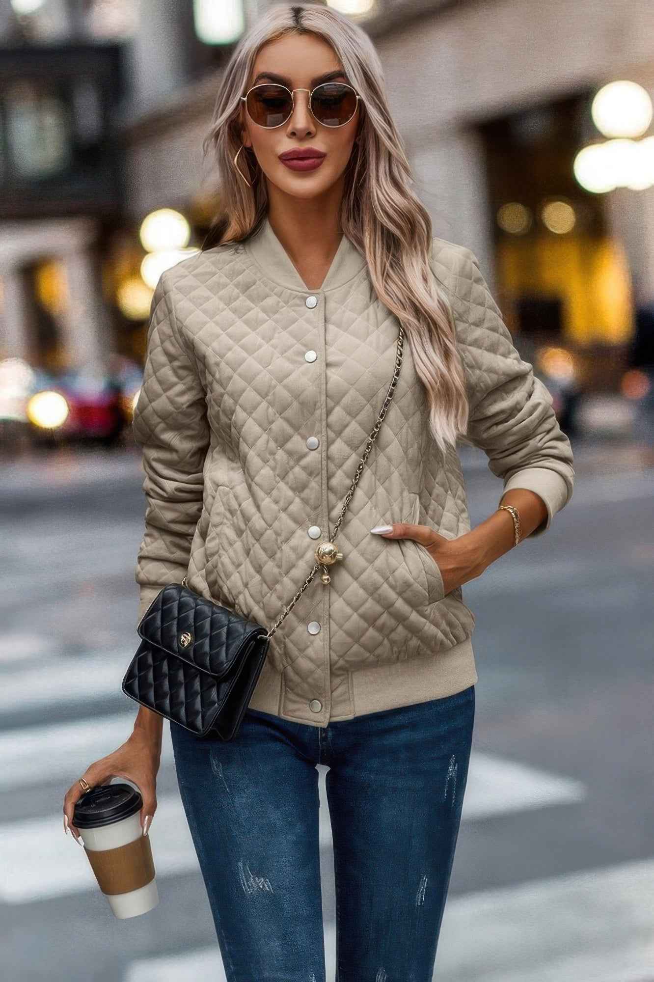 Solid Plaid Stitch Pockets Bomber Jacket - Pikemla