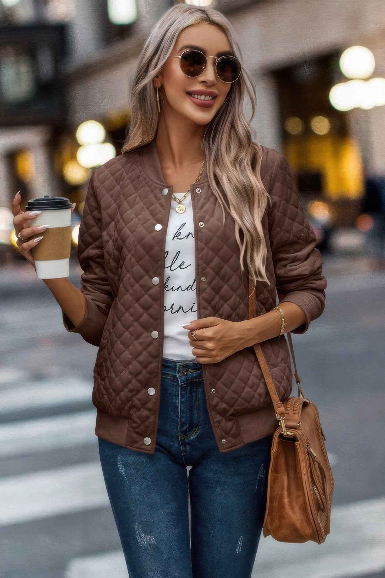 Solid Plaid Stitch Pockets Bomber Jacket - Pikemla