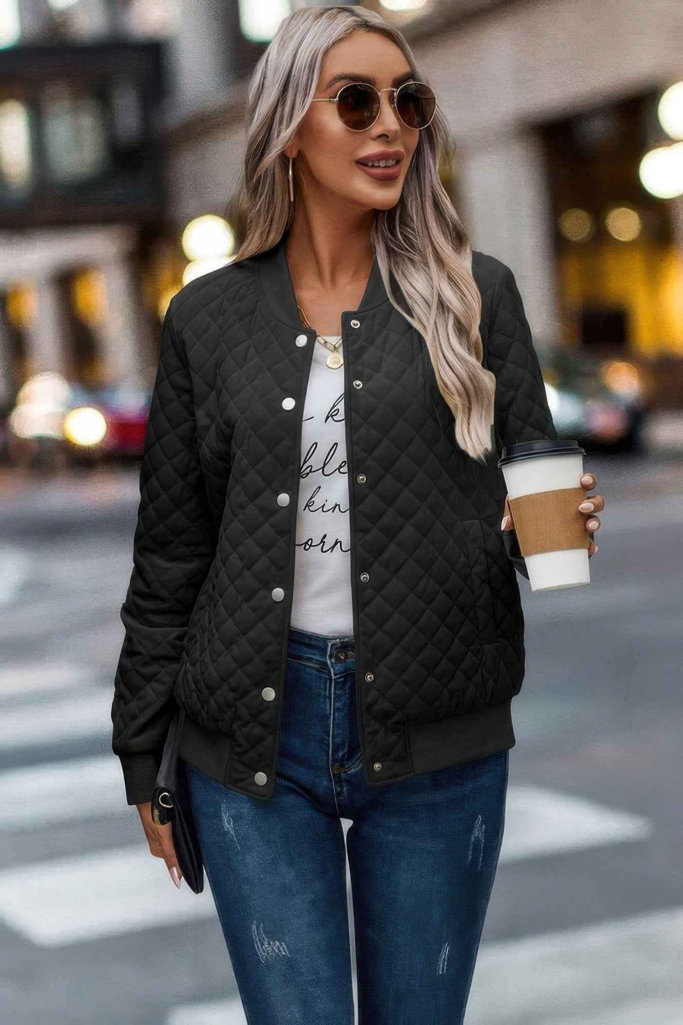 Solid Plaid Stitch Pockets Bomber Jacket - Pikemla