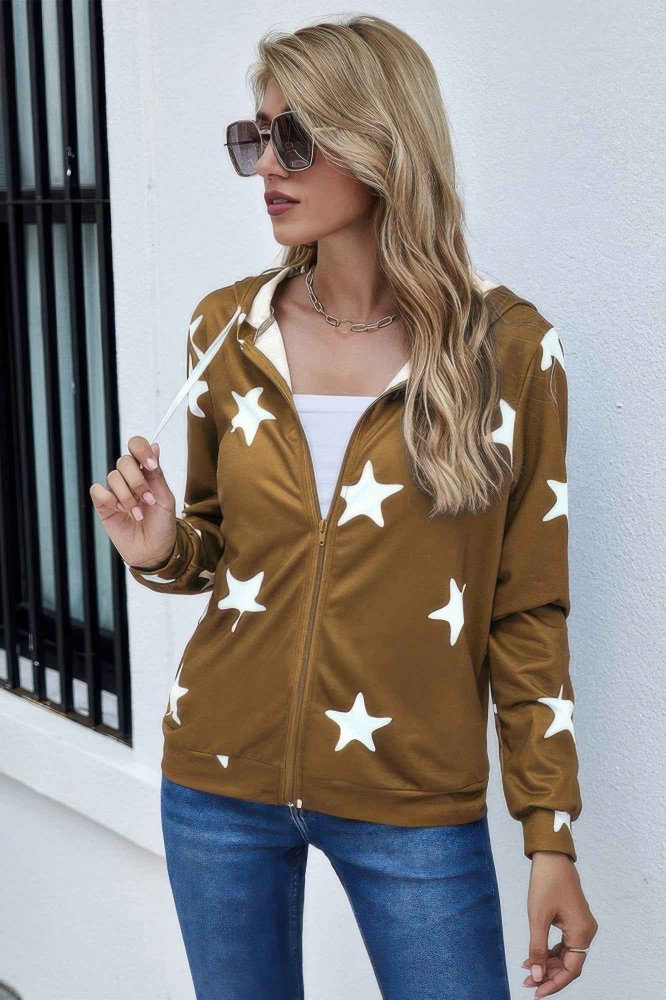 Stars Print Zip Up Long Sleeve Drawstring Hoodie - Pikemla