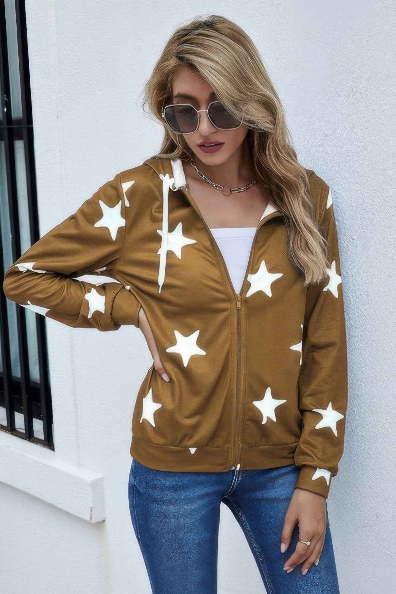 Stars Print Zip Up Long Sleeve Drawstring Hoodie - Pikemla