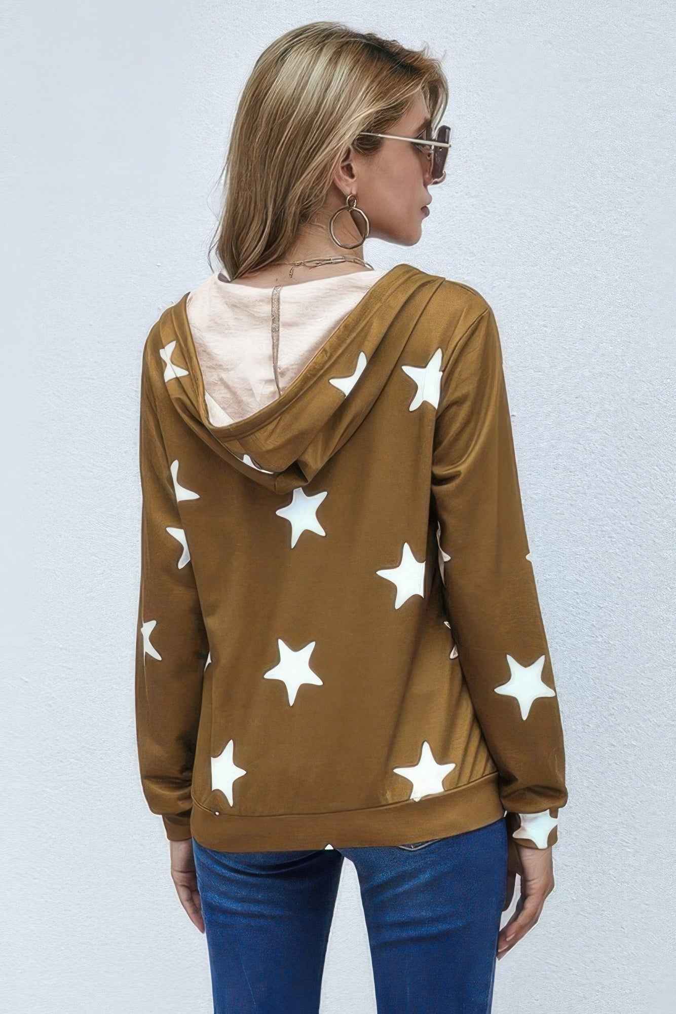 Stars Print Zip Up Long Sleeve Drawstring Hoodie - Pikemla