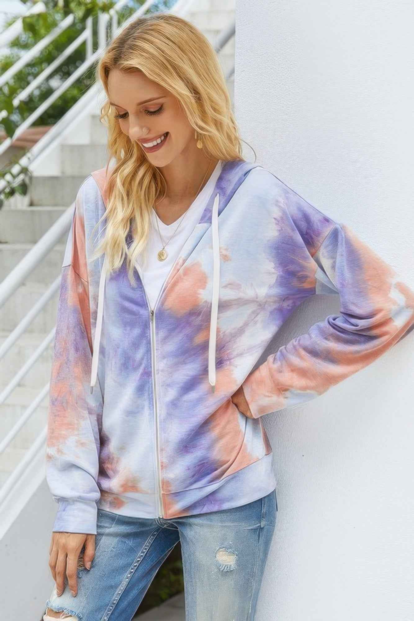 Tie Dye Full Zip Drawstring Hoodie - Pikemla