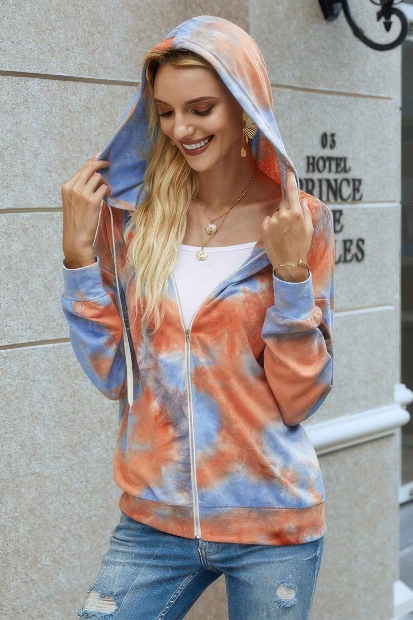Tie Dye Full Zip Drawstring Hoodie - Pikemla