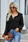Solid Lace Trim Long Sleeve Loose Hoodie - Pikemla