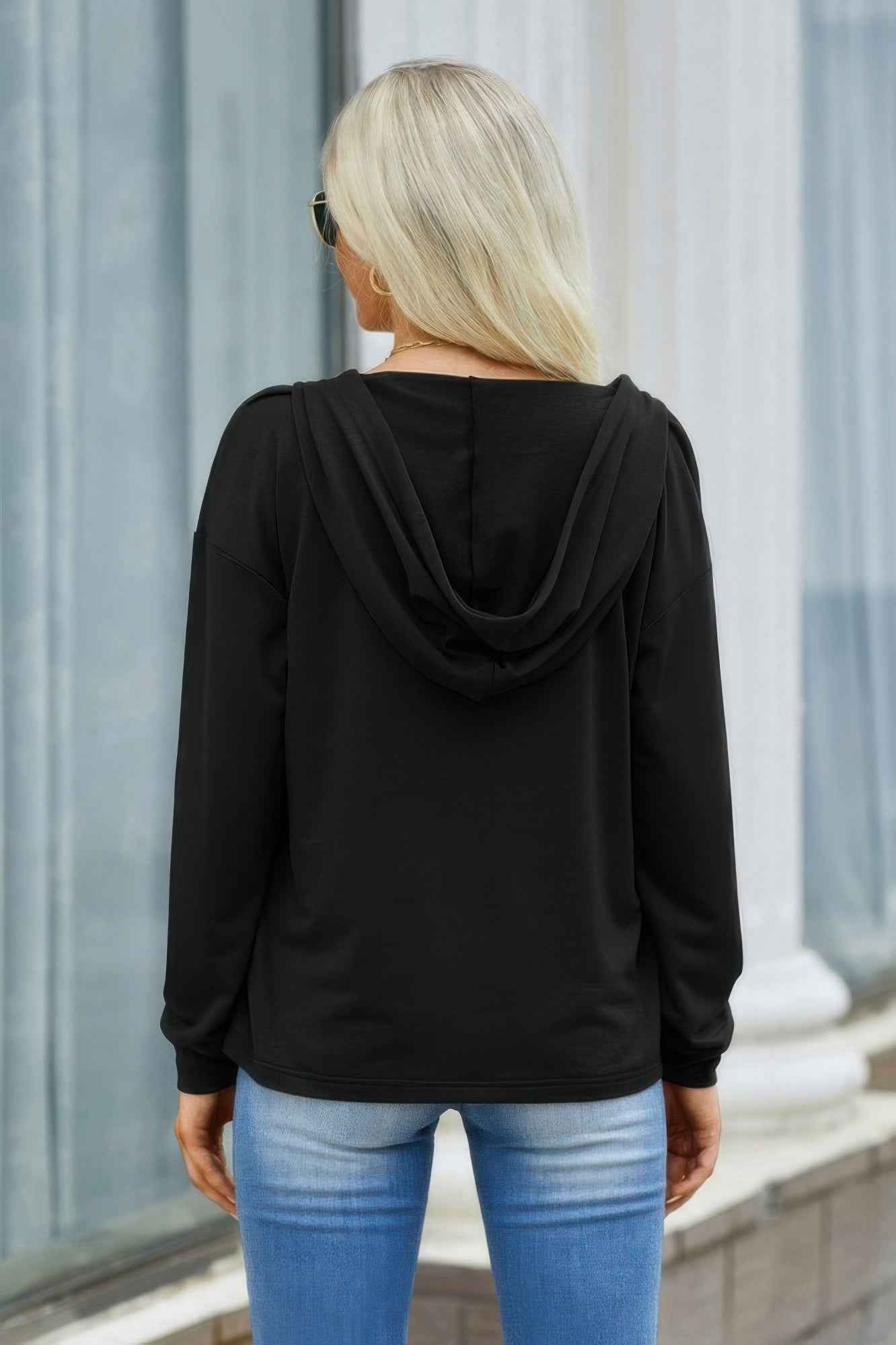 Solid Lace Trim Long Sleeve Loose Hoodie - Pikemla