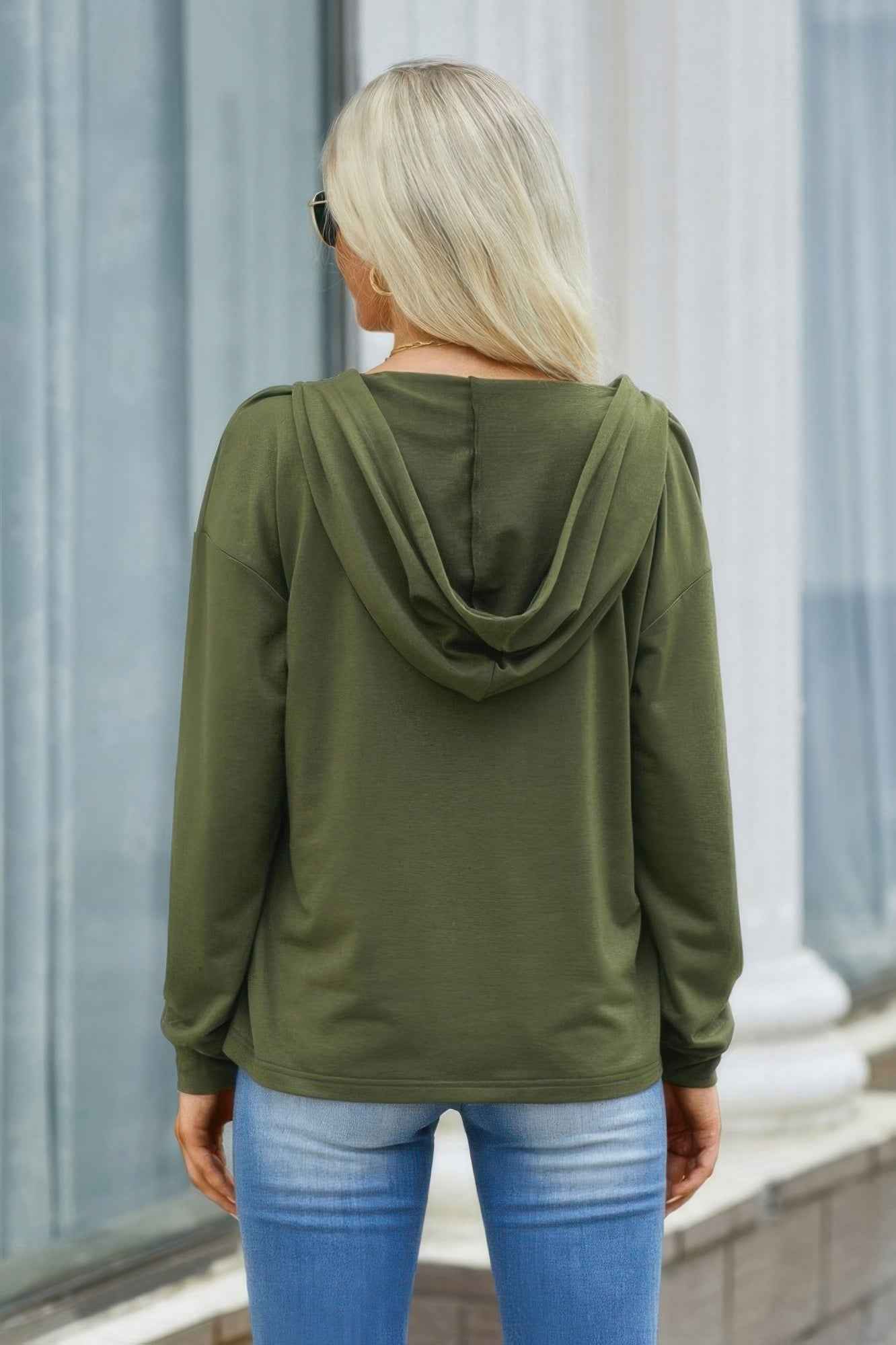 Solid Lace Trim Long Sleeve Loose Hoodie - Pikemla
