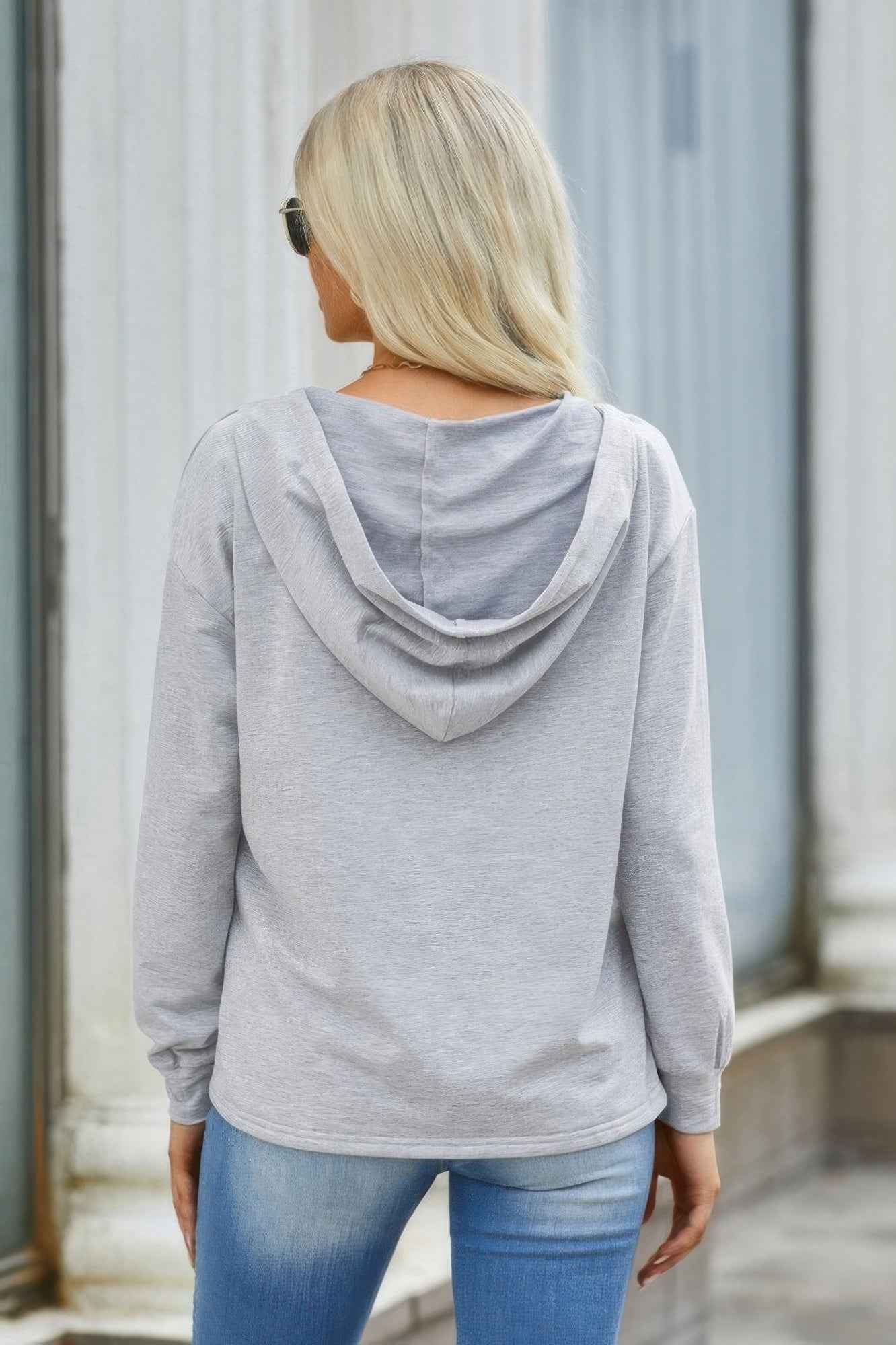 Solid Lace Trim Long Sleeve Loose Hoodie - Pikemla