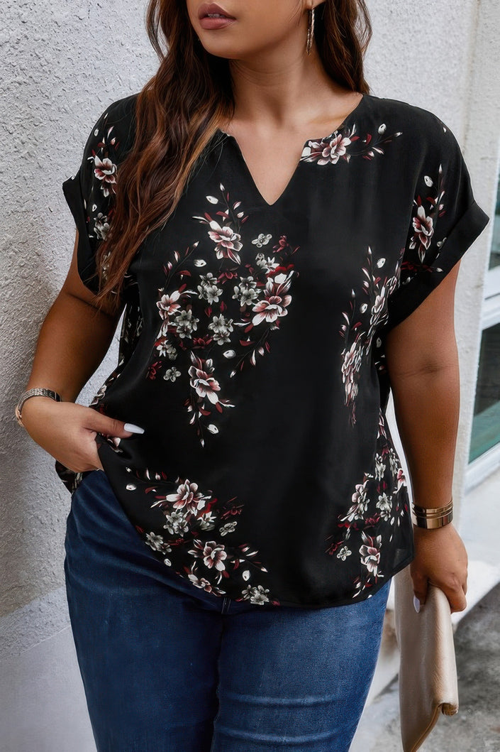 Plus Size Floral Print V Neck Loose Blouse - Pikemla
