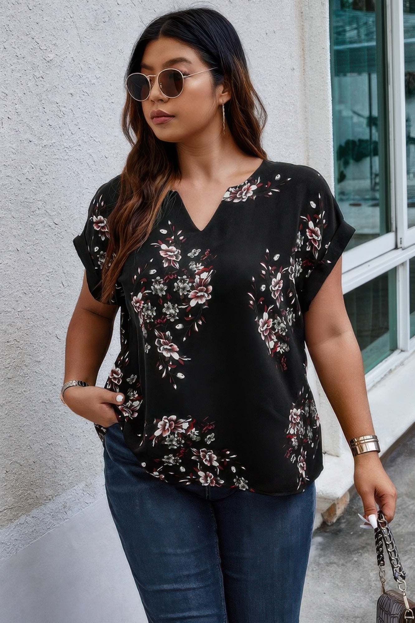 Plus Size Floral Print V Neck Loose Blouse - Pikemla