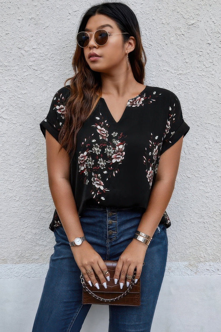 Plus Size Floral Print V Neck Loose Blouse - Pikemla
