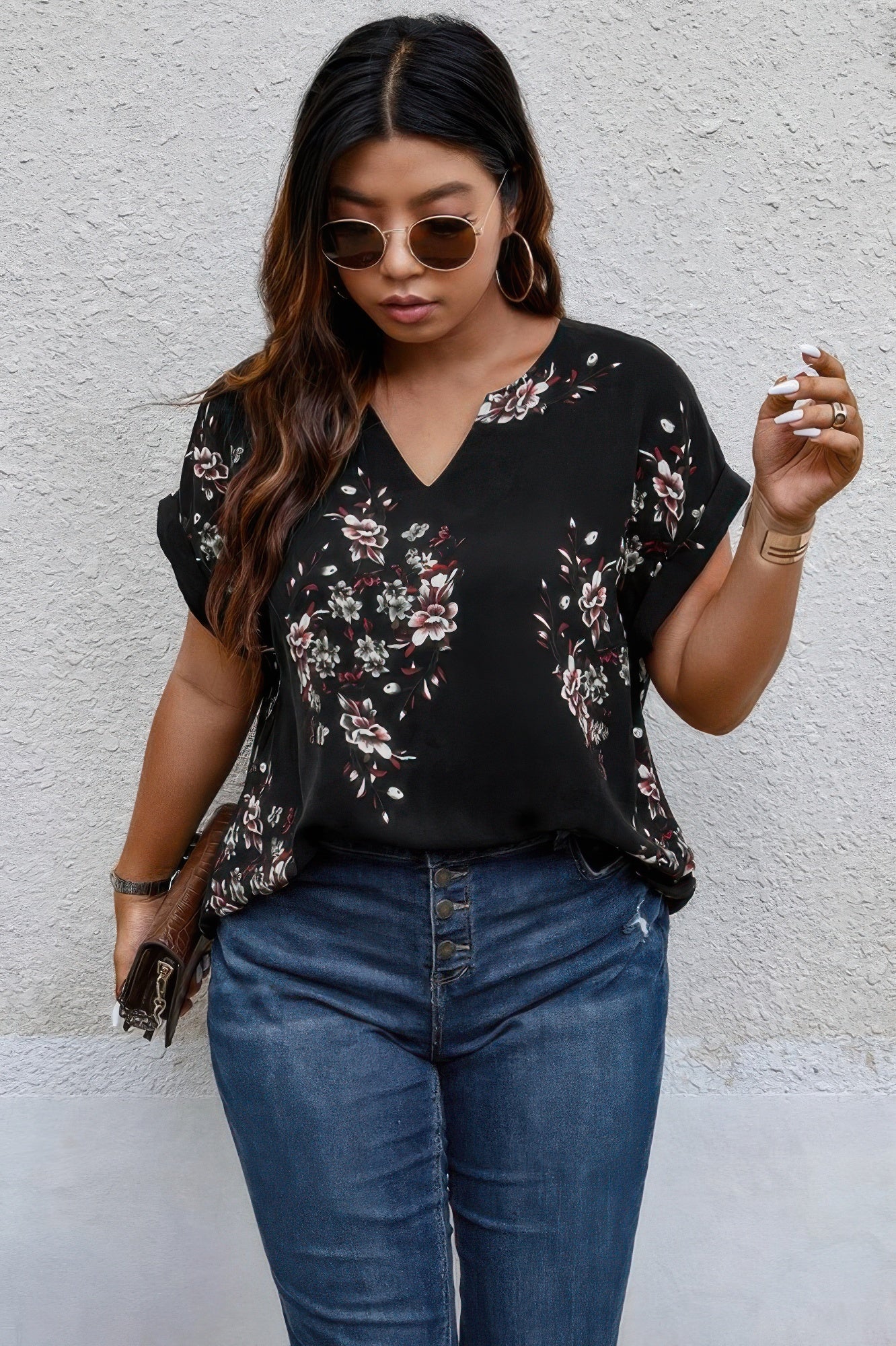 Plus Size Floral Print V Neck Loose Blouse - Pikemla