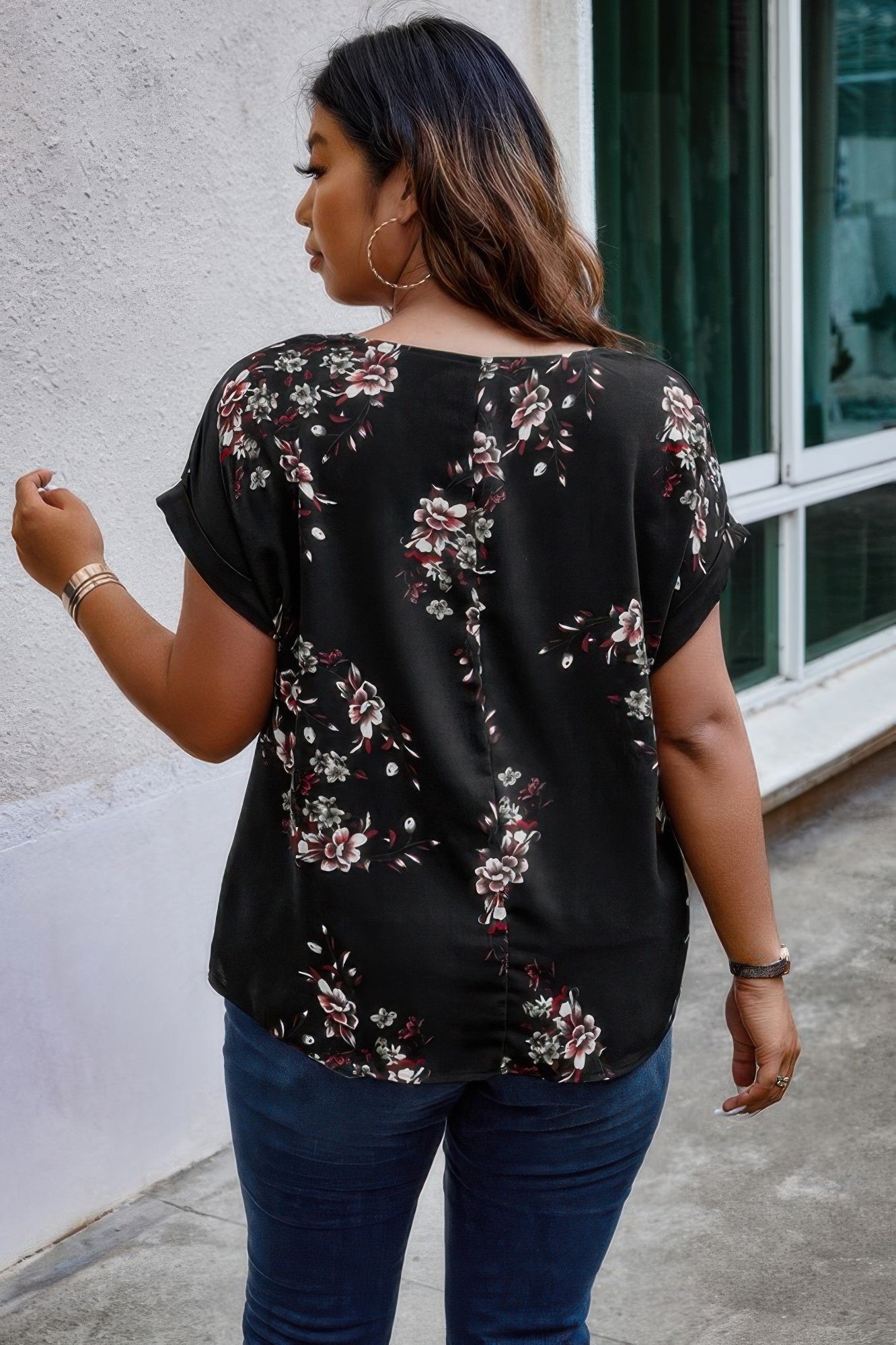 Plus Size Floral Print V Neck Loose Blouse - Pikemla